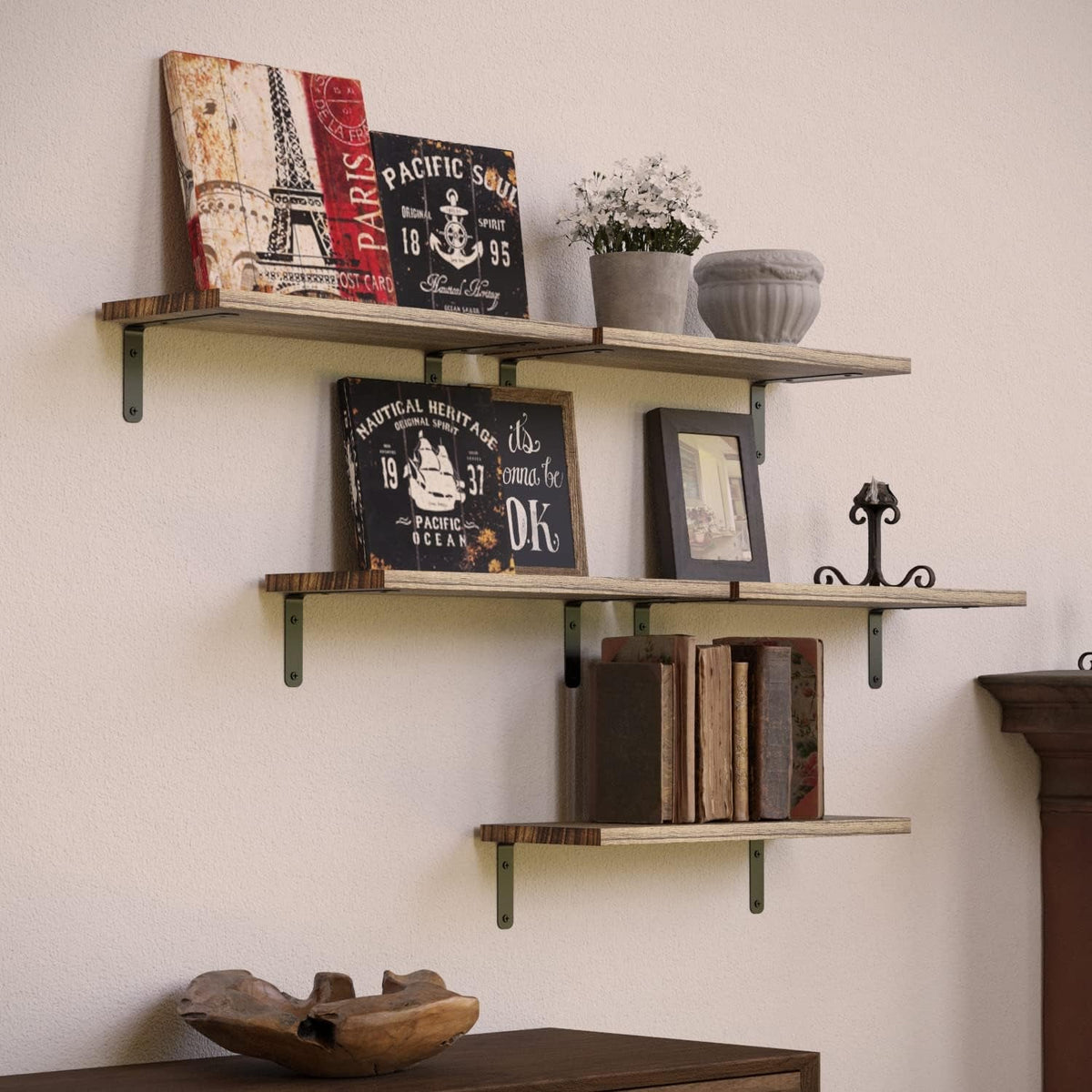 Rustic Wood Floating Shelves Set of 5, Farmhouse Wall Shelf for Living Room, Bedroom, Kitchen, Bathroom