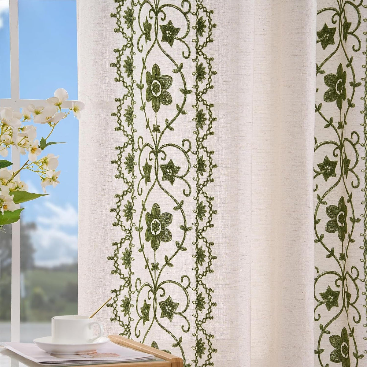 Sage Green Boho Curtains, Vintage Floral Embroidered Linen Drapes, Set of 2 Panels 52X84