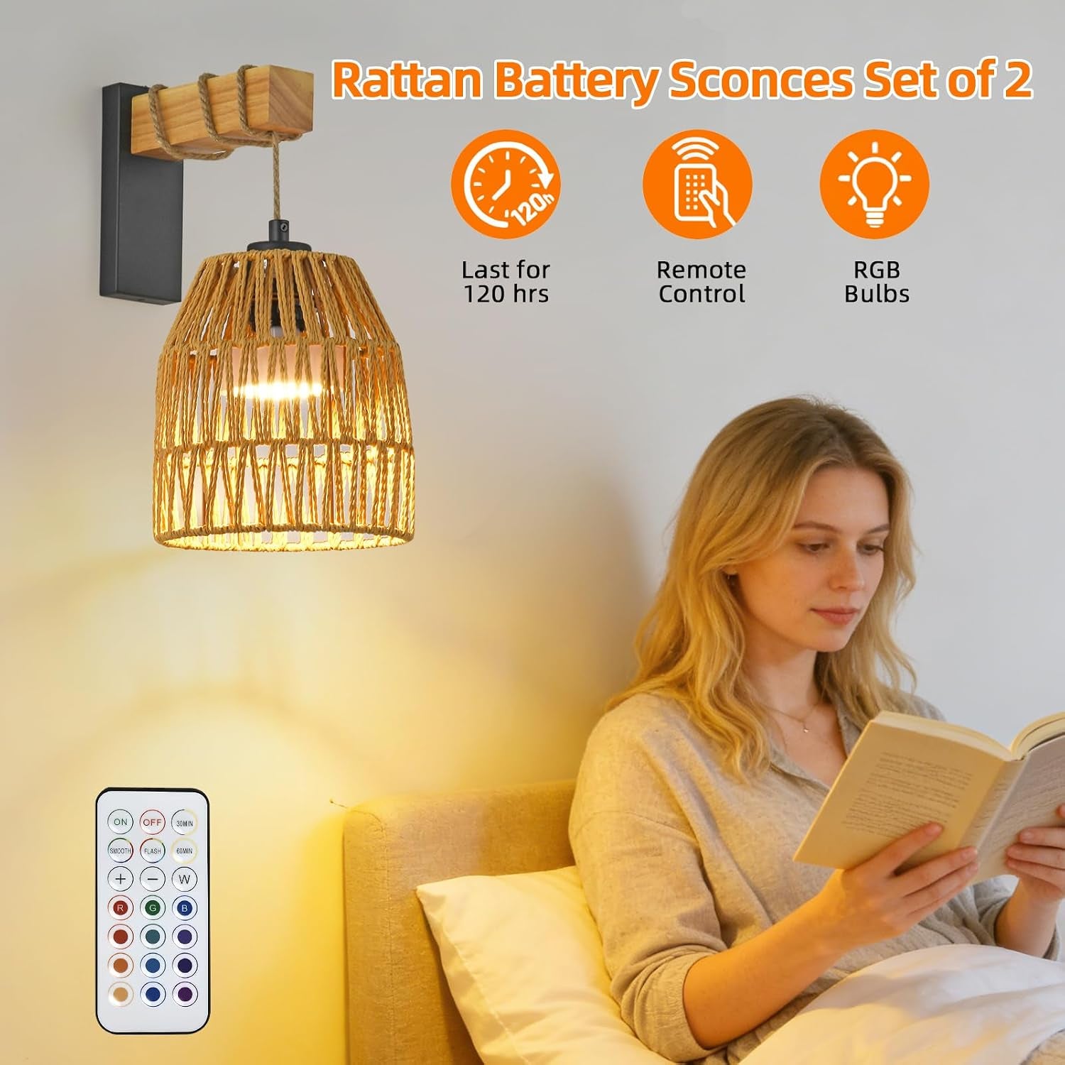 Boho Rattan Battery Operated Wall Sconces, Cordless Wireless Wall Lights with Remote, Set of 2
