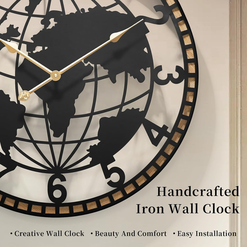 Farmhouse World Map Wall Clock 26 Inch, Rustic round Metal Frame Silent Quartz Clock for Living Room, Kitchen