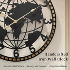 Farmhouse World Map Wall Clock 26 Inch, Rustic round Metal Frame Silent Quartz Clock for Living Room, Kitchen