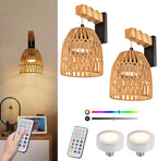 Boho Rattan Battery Operated Wall Sconces, Cordless Wireless Wall Lights with Remote, Set of 2
