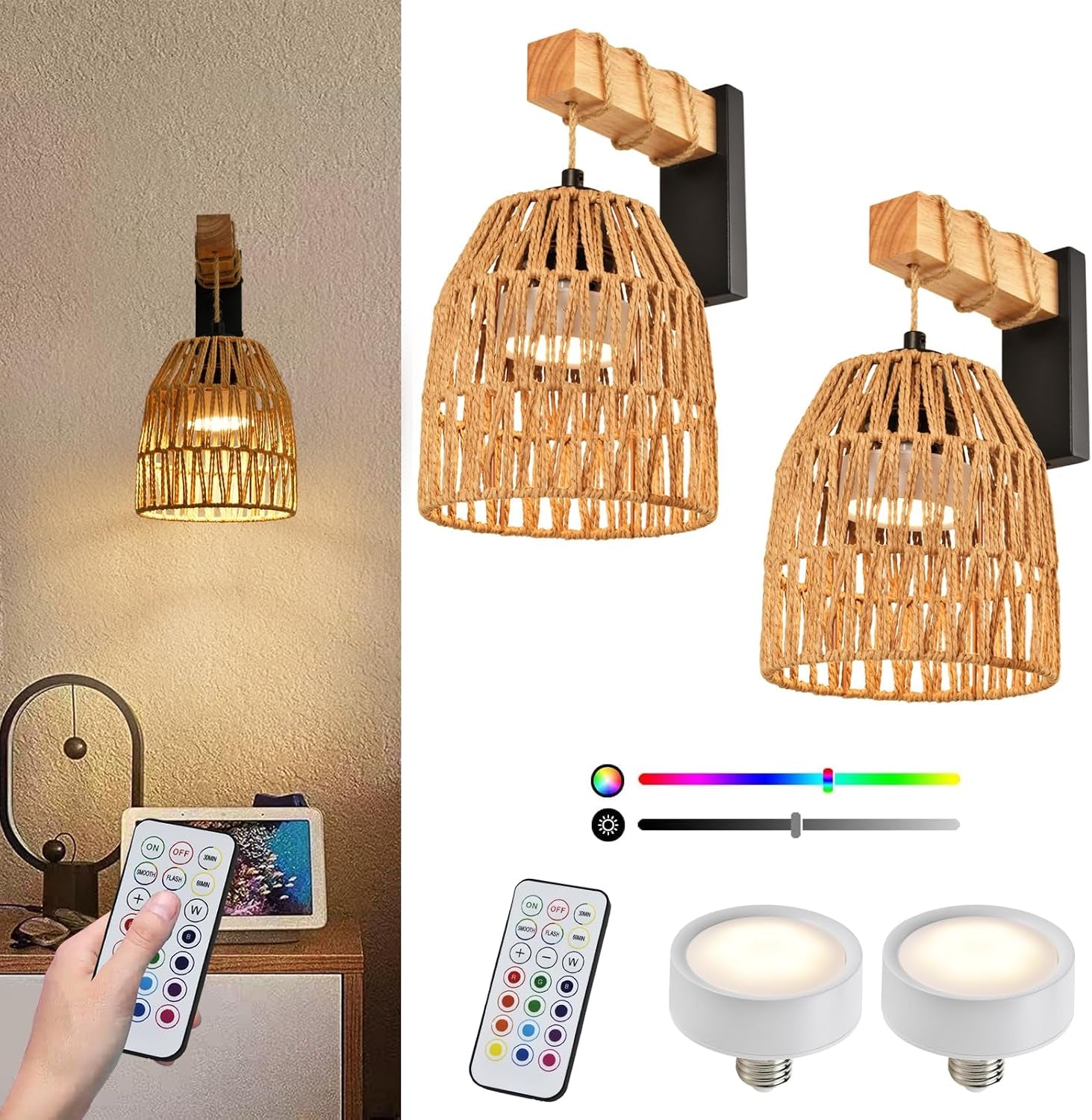 Boho Rattan Battery Operated Wall Sconces, Cordless Wireless Wall Lights with Remote, Set of 2