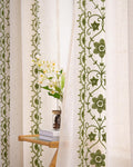 Sage Green Boho Curtains, Vintage Floral Embroidered Linen Drapes, Set of 2 Panels 52X84