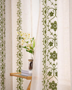Sage Green Boho Curtains, Vintage Floral Embroidered Linen Drapes, Set of 2 Panels 52X84