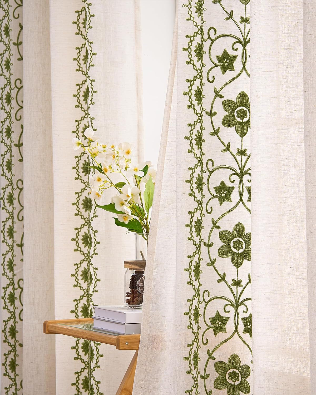 Sage Green Boho Curtains, Vintage Floral Embroidered Linen Drapes, Set of 2 Panels 52X84