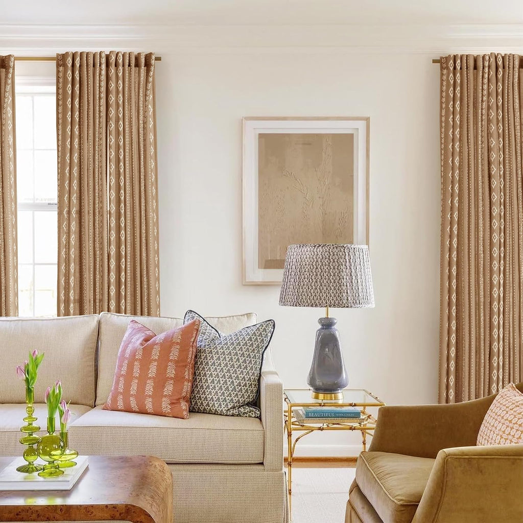 Terracotta Boho Linen Curtains, Geometric Stripe Light Filtering Farmhouse Drapes, Set of 2 Panels 52X84