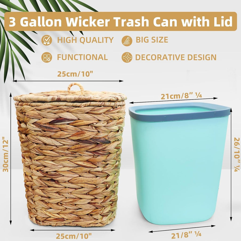 Woven Wicker Trash Can with Lid, Handwoven Boho Wastebasket for Bedroom, Bathroom, Office
