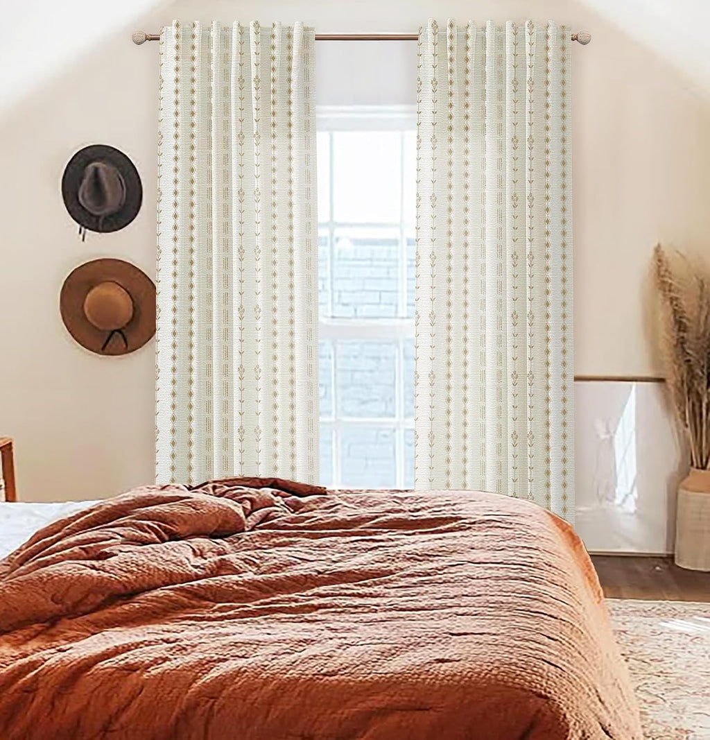Brown Boho Floral Linen Curtains, Sheer Farmhouse Window Drapes, Set of 2 Panels 50X84