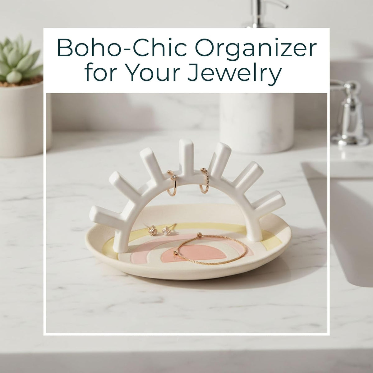Boho Ceramic Trinket Tray with Ring Holder, Sunburst Jewelry Dish for Vanity, Nightstand