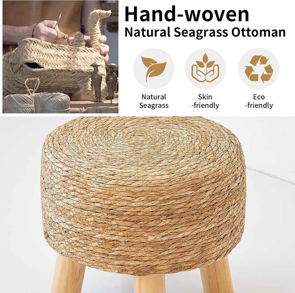 Round Seagrass Footstool, Natural Woven Ottoman with Wood Legs, Multifunctional Accent Stool