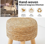 Round Seagrass Footstool, Natural Woven Ottoman with Wood Legs, Multifunctional Accent Stool