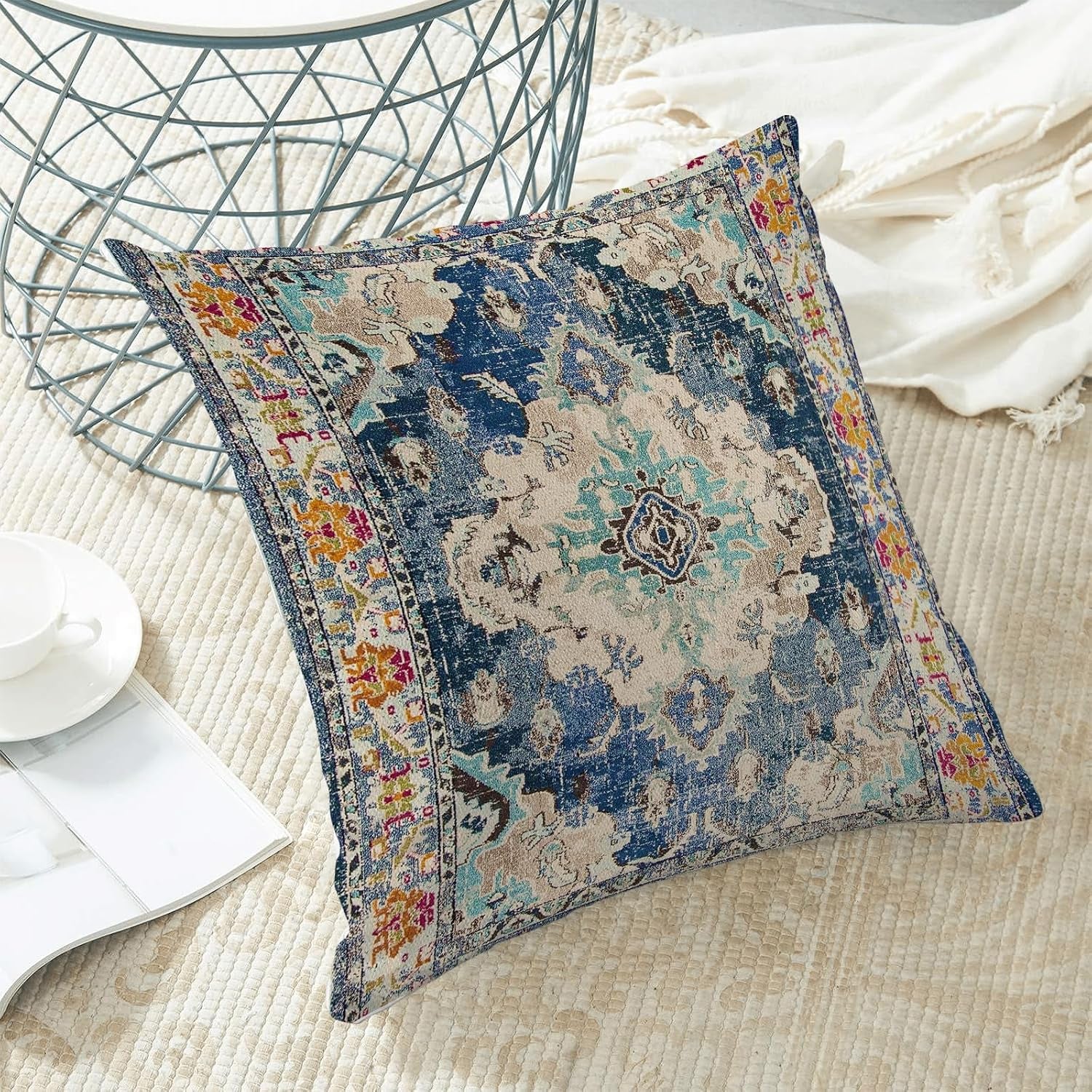 Boho Throw Pillow Covers Set of 2, Linen Farmhouse Decorative Cushion Covers for Sofa, Couch, Bed, 18X18