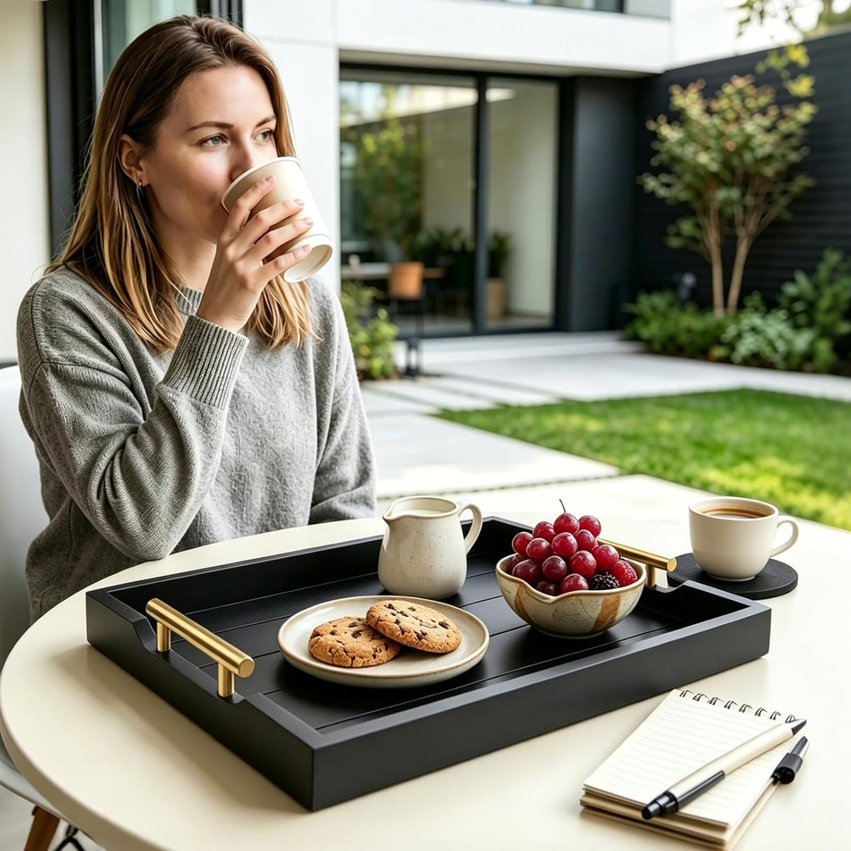 Wood Serving Tray with Metal Handles, Decorative Ottoman Tray for Coffee Table