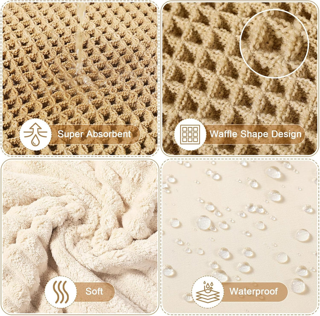 Boho Farmhouse Shower Curtain Set 3-Piece, Waffle Bath Mat and Towel, Waterproof with 12 Hooks