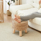 Round Seagrass Footstool, Natural Woven Ottoman with Wood Legs, Multifunctional Accent Stool