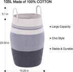 Woven Cotton Rope Laundry Hamper, Collapsible Storage Basket for Bedroom, Nursery, Laundry Room, 105L