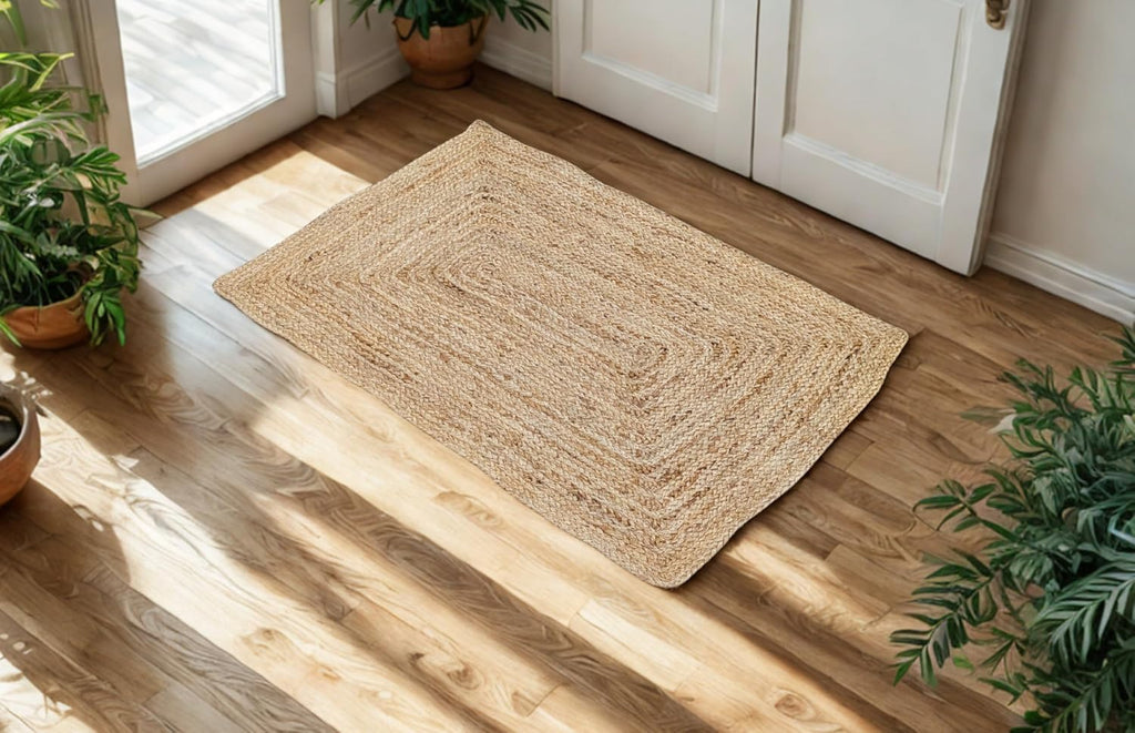 Natural Jute Area Rug 2X3, Hand Braided Boho Entryway Doormat