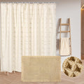 Boho Farmhouse Shower Curtain Set 3-Piece, Waffle Bath Mat and Towel, Waterproof with 12 Hooks