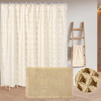 Boho Farmhouse Shower Curtain Set 3-Piece, Waffle Bath Mat and Towel, Waterproof with 12 Hooks