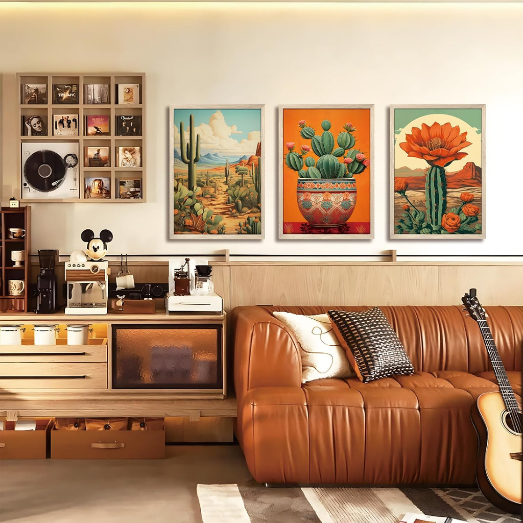 Wood Framed Mexican Cactus Wall Art Set of 3, Vintage Desert Botanical Canvas Prints, Boho Southwestern