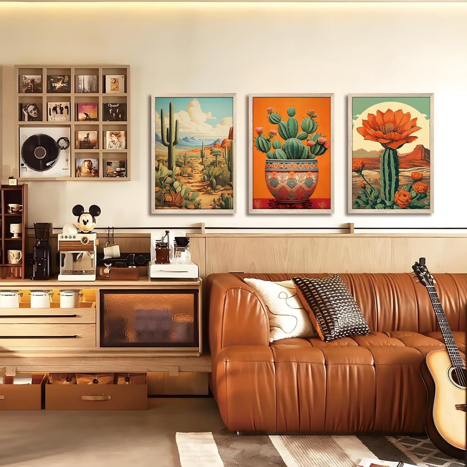 Wood Framed Mexican Cactus Wall Art Set of 3, Vintage Desert Botanical Canvas Prints, Boho Southwestern