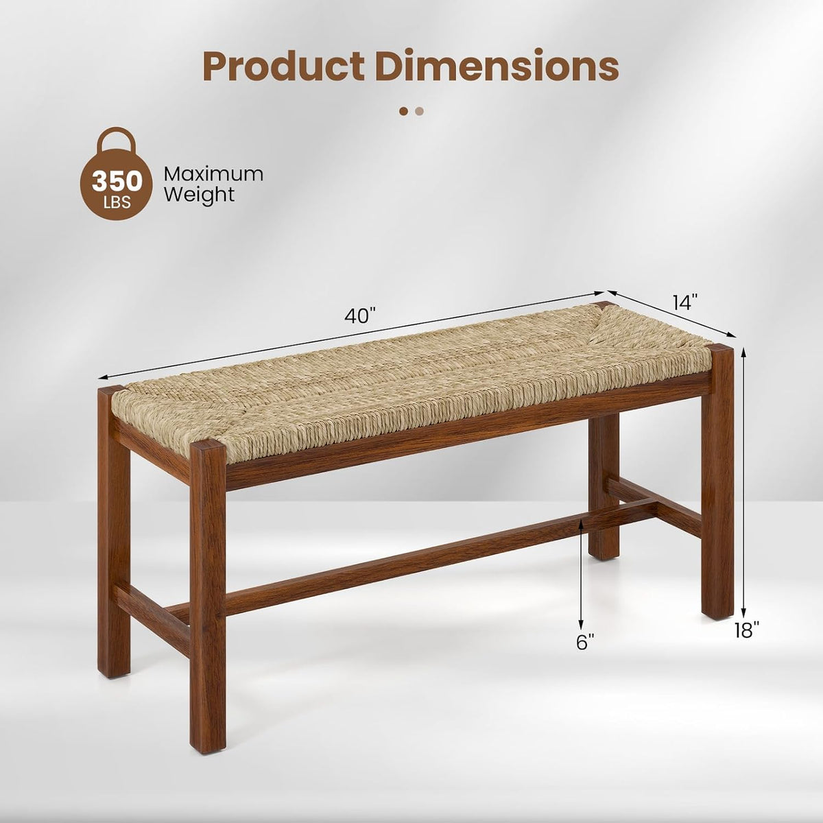 Woven Seagrass Dining Bench, Farmhouse Entryway Bench with Rubber Wood Legs, 40 Inch