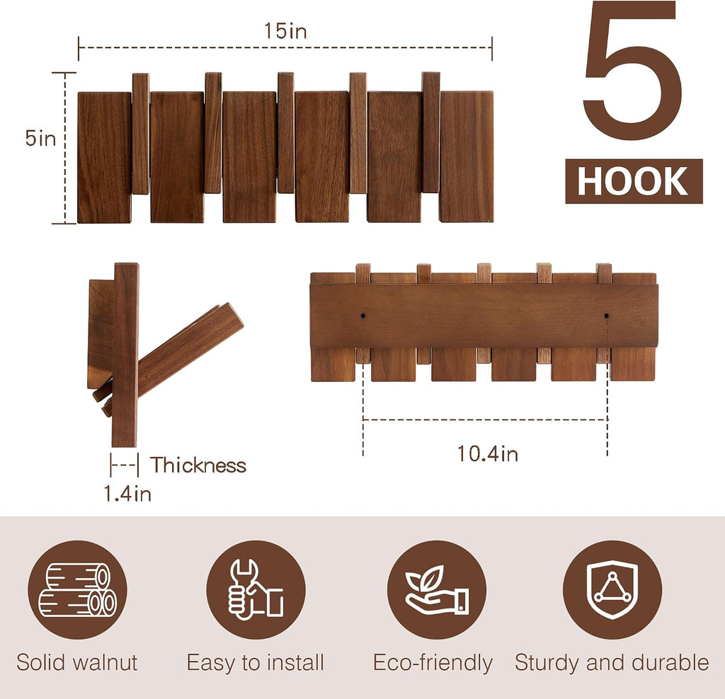 Walnut Wood Coat Rack Wall Mount, Piano Key Design 5-Hook Wall Hanger for Entryway, Bedroom, Bathroom