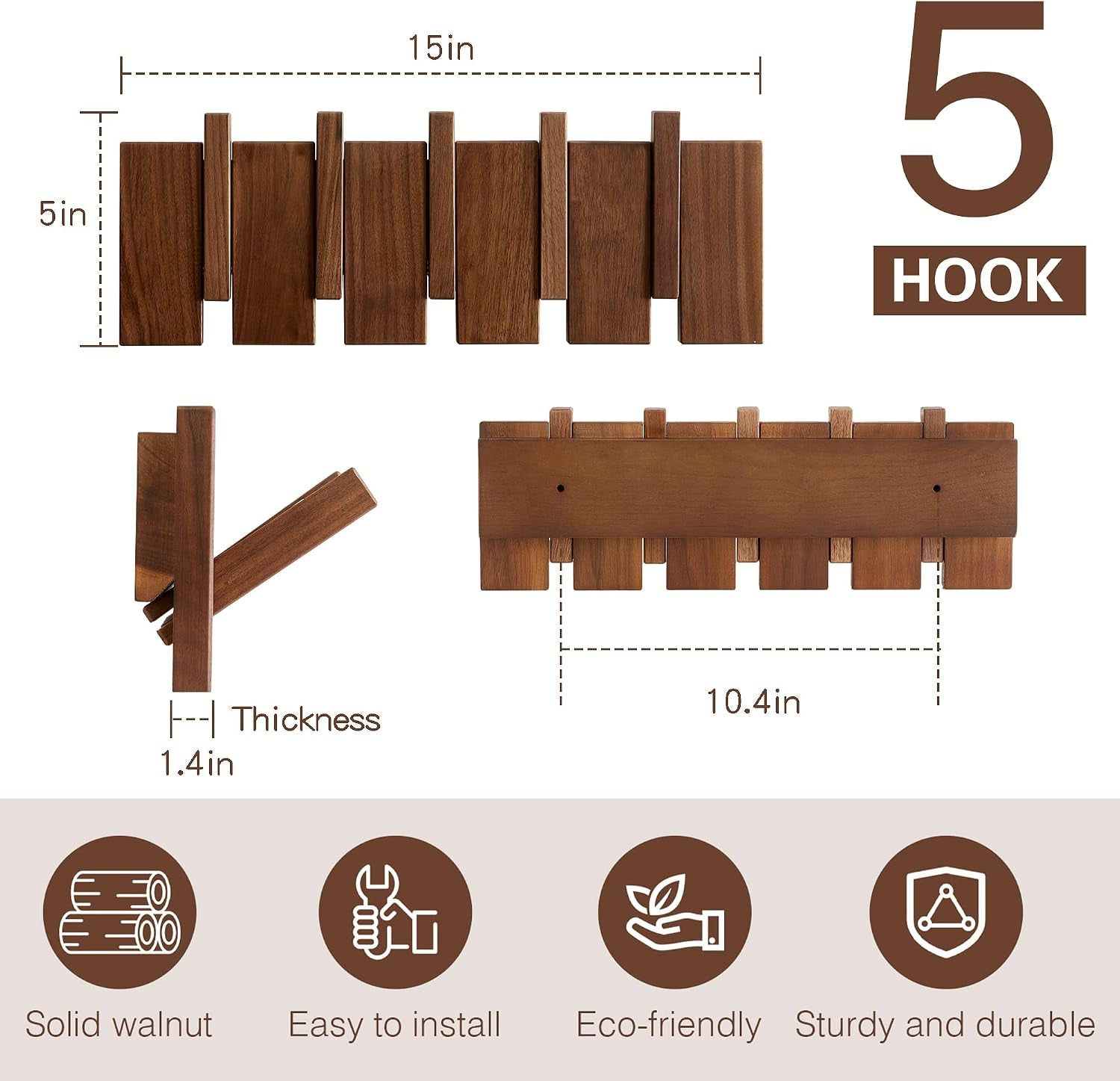 Walnut Wood Coat Rack Wall Mount, Piano Key Design 5-Hook Wall Hanger for Entryway, Bedroom, Bathroom