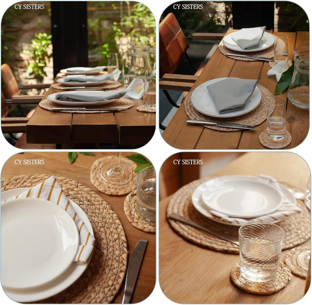 Woven Water Hyacinth Placemats Set of 6, Boho Farmhouse Rattan Table Mats
