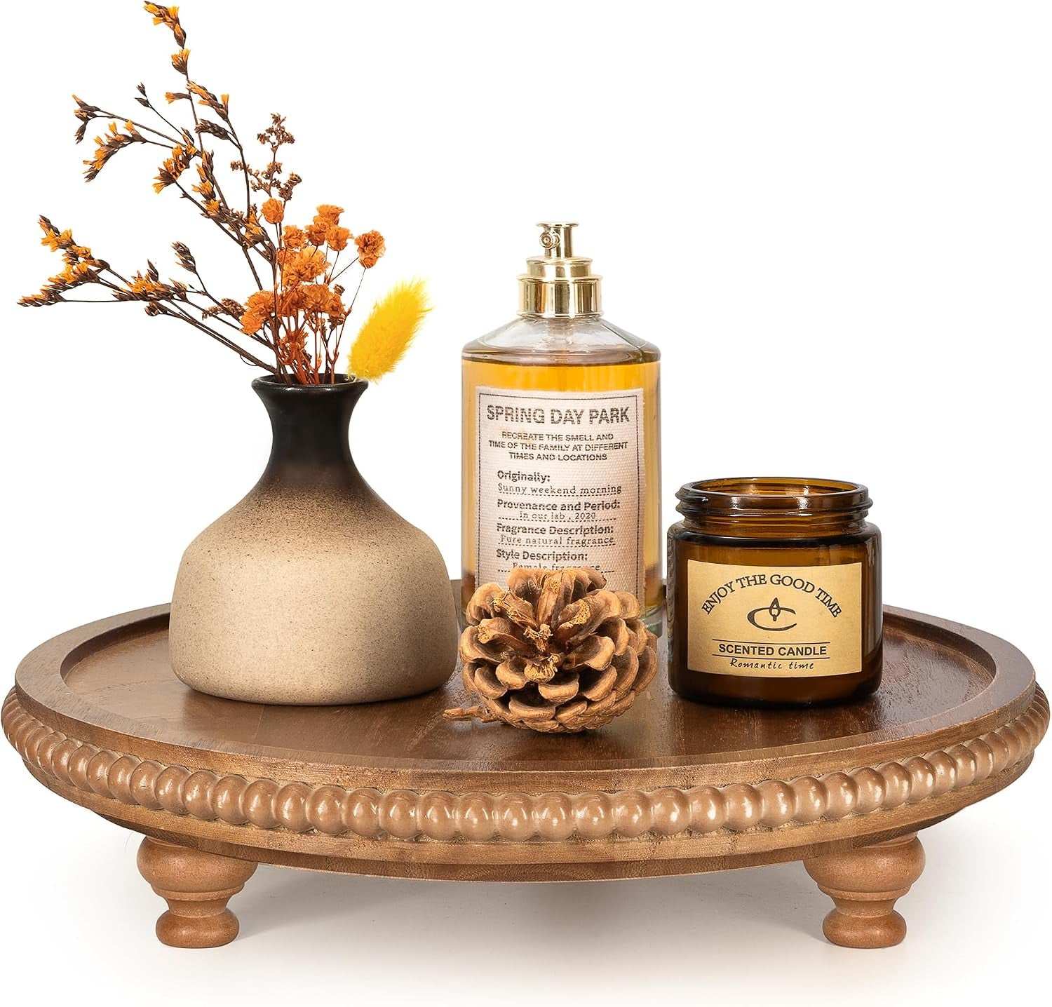 Acacia Wood round Display Riser, Beaded Pedestal Stand for Coffee Table, Vanity, Kitchen Counter