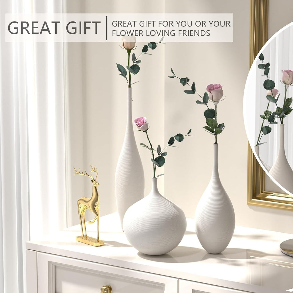 White Ceramic Vase Set of 3, Boho Wabi-Sabi Minimalist Vases for Living Room, Shelf, Centerpiece
