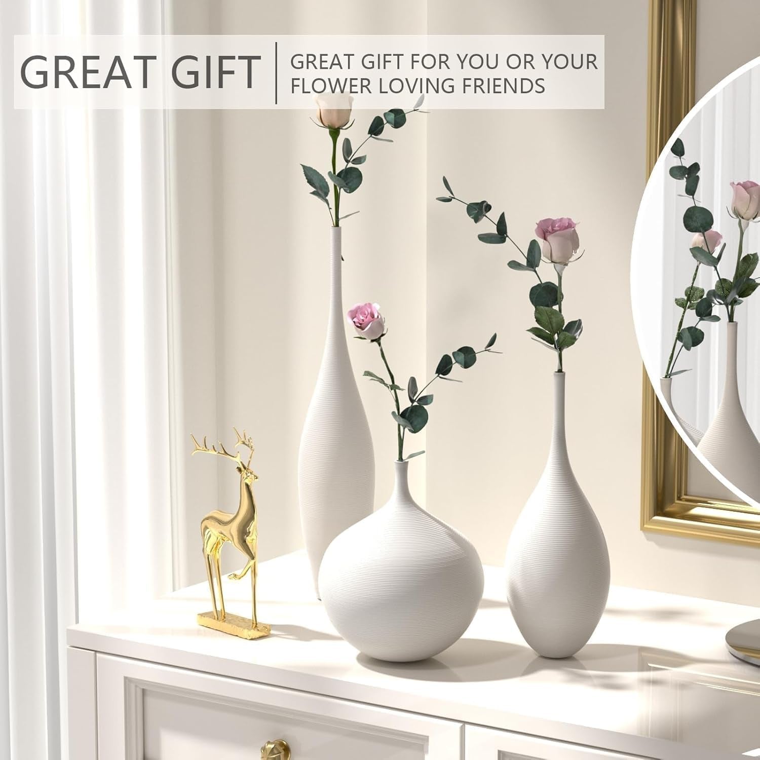 White Ceramic Vase Set of 3, Boho Wabi-Sabi Minimalist Vases for Living Room, Shelf, Centerpiece