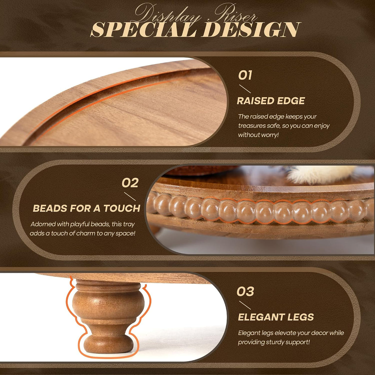 Acacia Wood round Display Riser, Beaded Pedestal Stand for Coffee Table, Vanity, Kitchen Counter