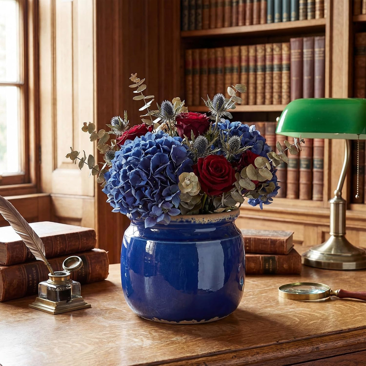 Vintage Ceramic Planter, Navy Blue Ice Crack Glazed Flower Pot, Farmhouse Cottage Decor
