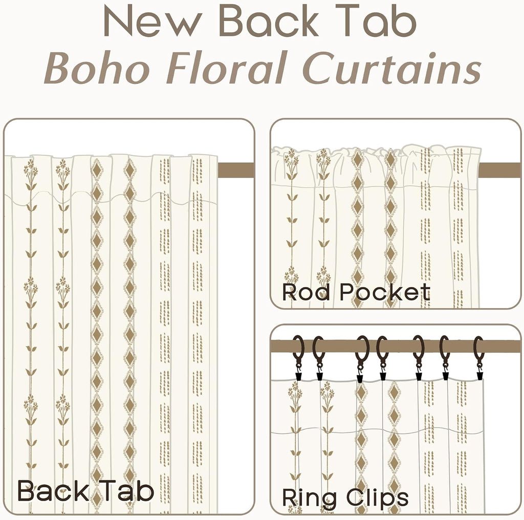 Brown Boho Floral Linen Curtains, Sheer Farmhouse Window Drapes, Set of 2 Panels 50X84
