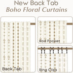 Brown Boho Floral Linen Curtains, Sheer Farmhouse Window Drapes, Set of 2 Panels 50X84