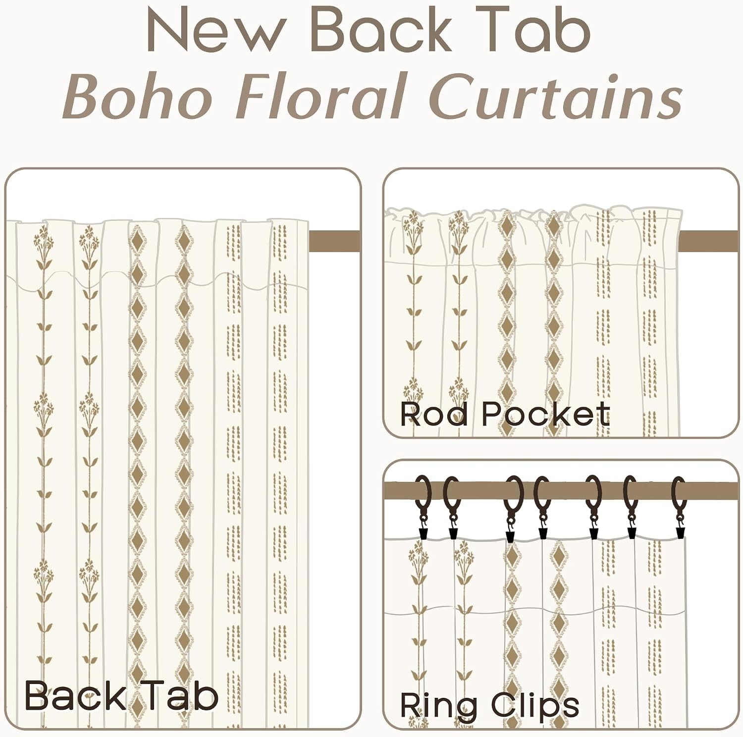 Brown Boho Floral Linen Curtains, Sheer Farmhouse Window Drapes, Set of 2 Panels 50X84