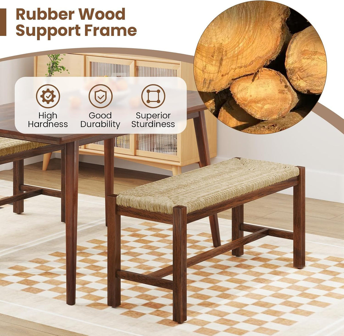 Woven Seagrass Dining Bench, Farmhouse Entryway Bench with Rubber Wood Legs, 40 Inch