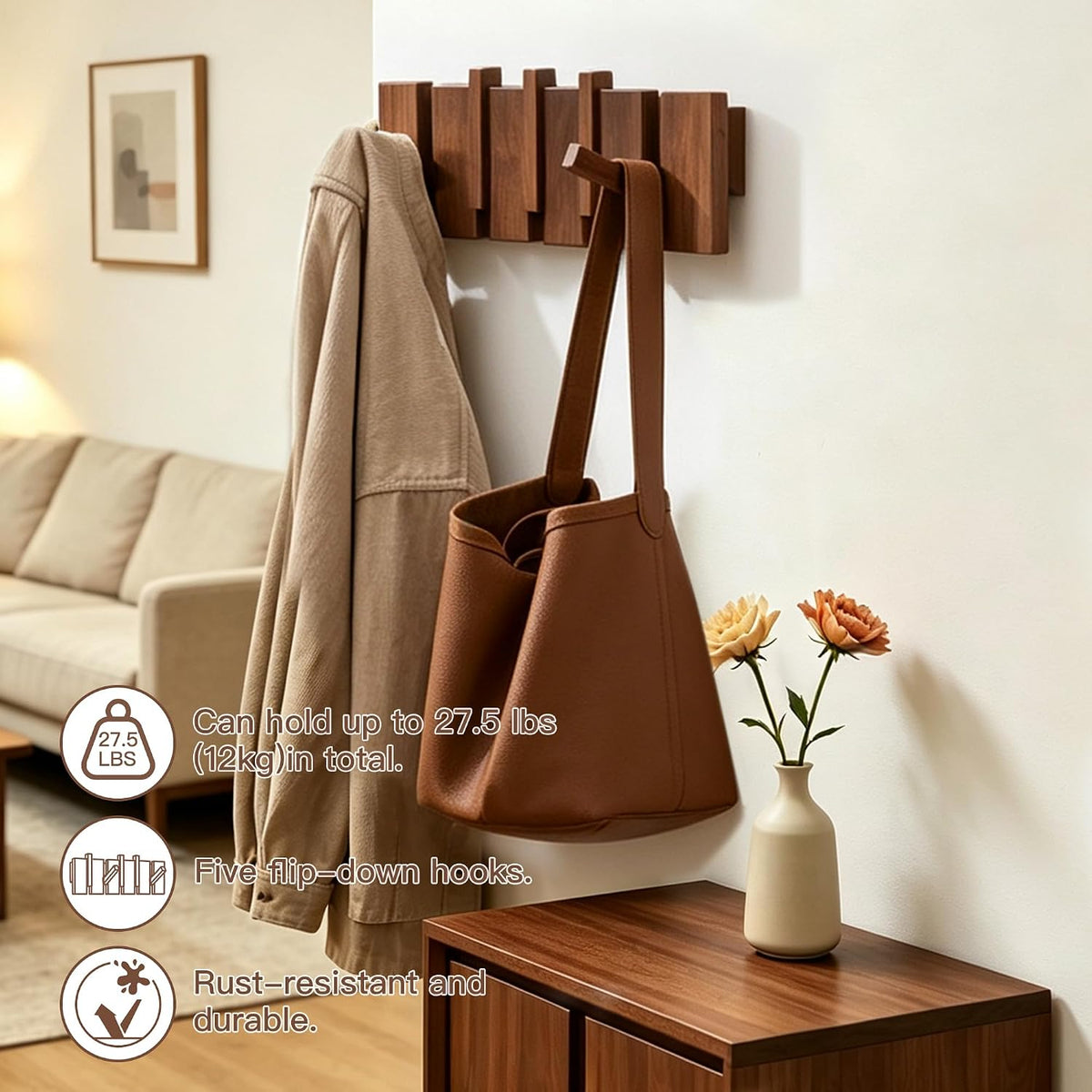 Walnut Wood Coat Rack Wall Mount, Piano Key Design 5-Hook Wall Hanger for Entryway, Bedroom, Bathroom