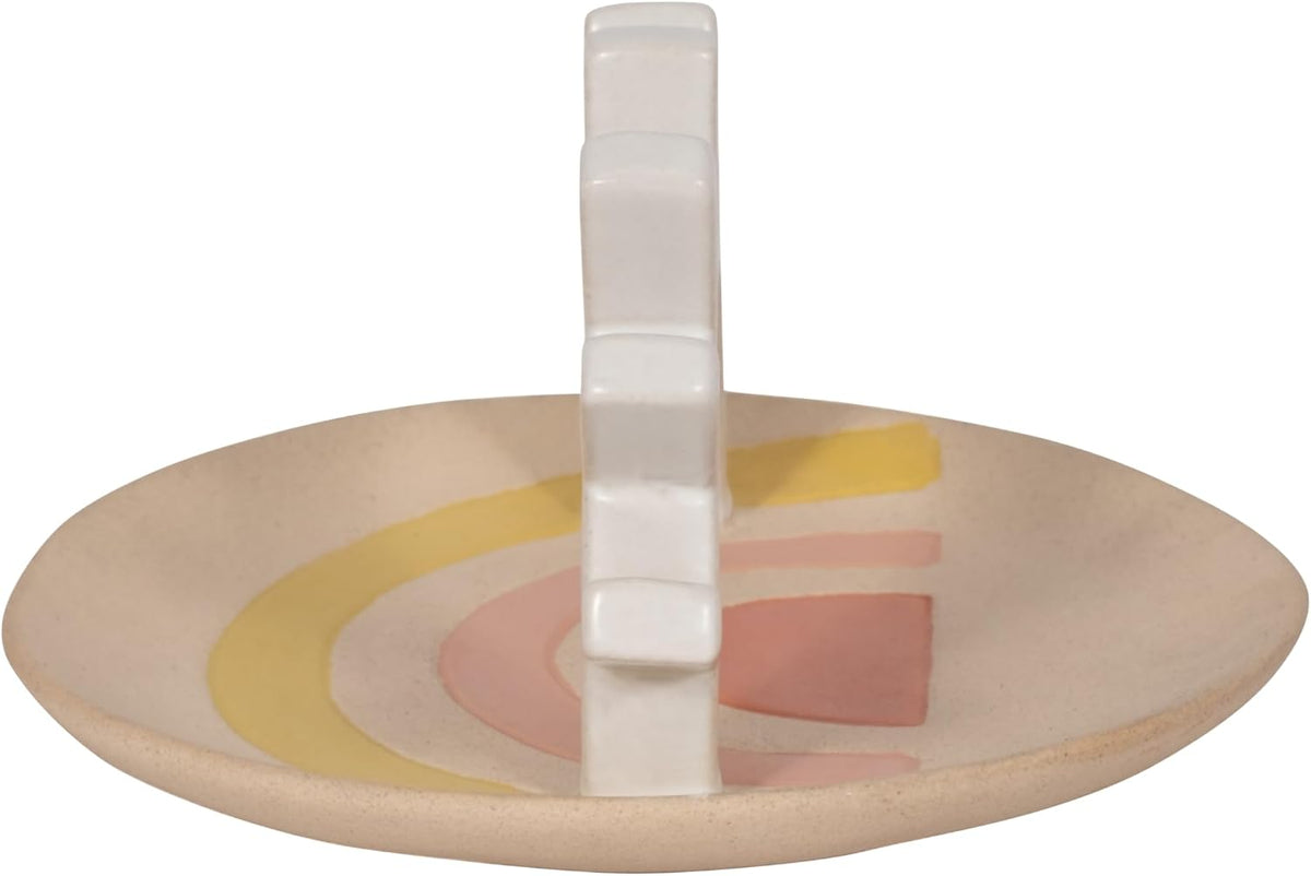 Boho Ceramic Trinket Tray with Ring Holder, Sunburst Jewelry Dish for Vanity, Nightstand