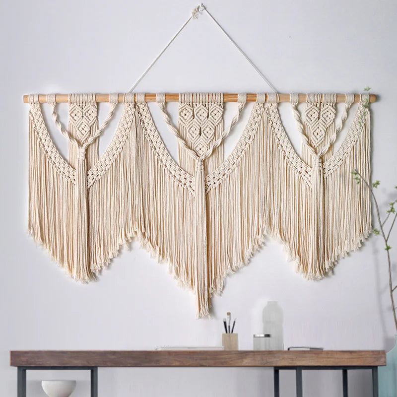 Handwoven Large Boho Macrame Wall Hanging Tapestry, Cotton Wall Art with Wooden Rod for Living Room, Bedroom, Wedding Backdrop, Beige