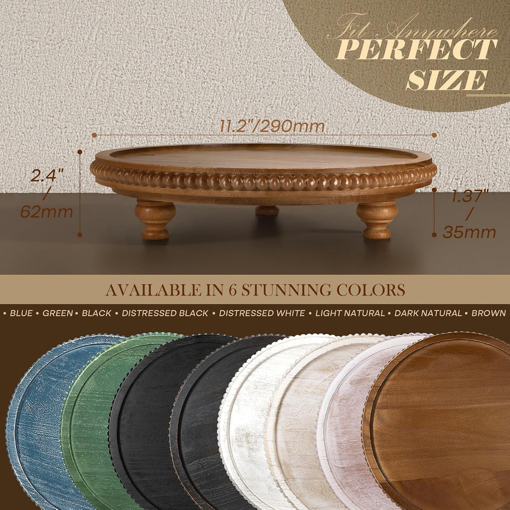 Acacia Wood round Display Riser, Beaded Pedestal Stand for Coffee Table, Vanity, Kitchen Counter
