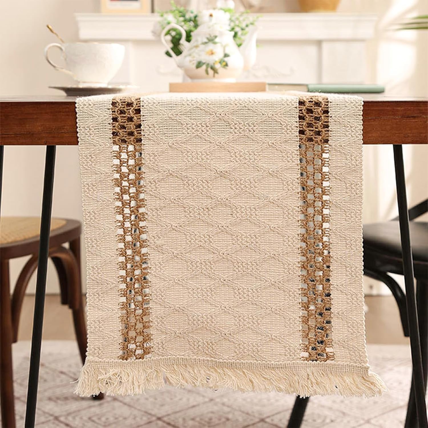 Boho Macrame Table Runner, Cotton Linen Woven Farmhouse Table Decor, 12X90 Inches