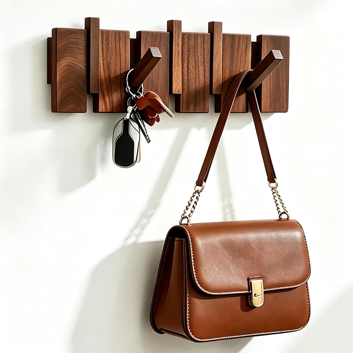 Walnut Wood Coat Rack Wall Mount, Piano Key Design 5-Hook Wall Hanger for Entryway, Bedroom, Bathroom