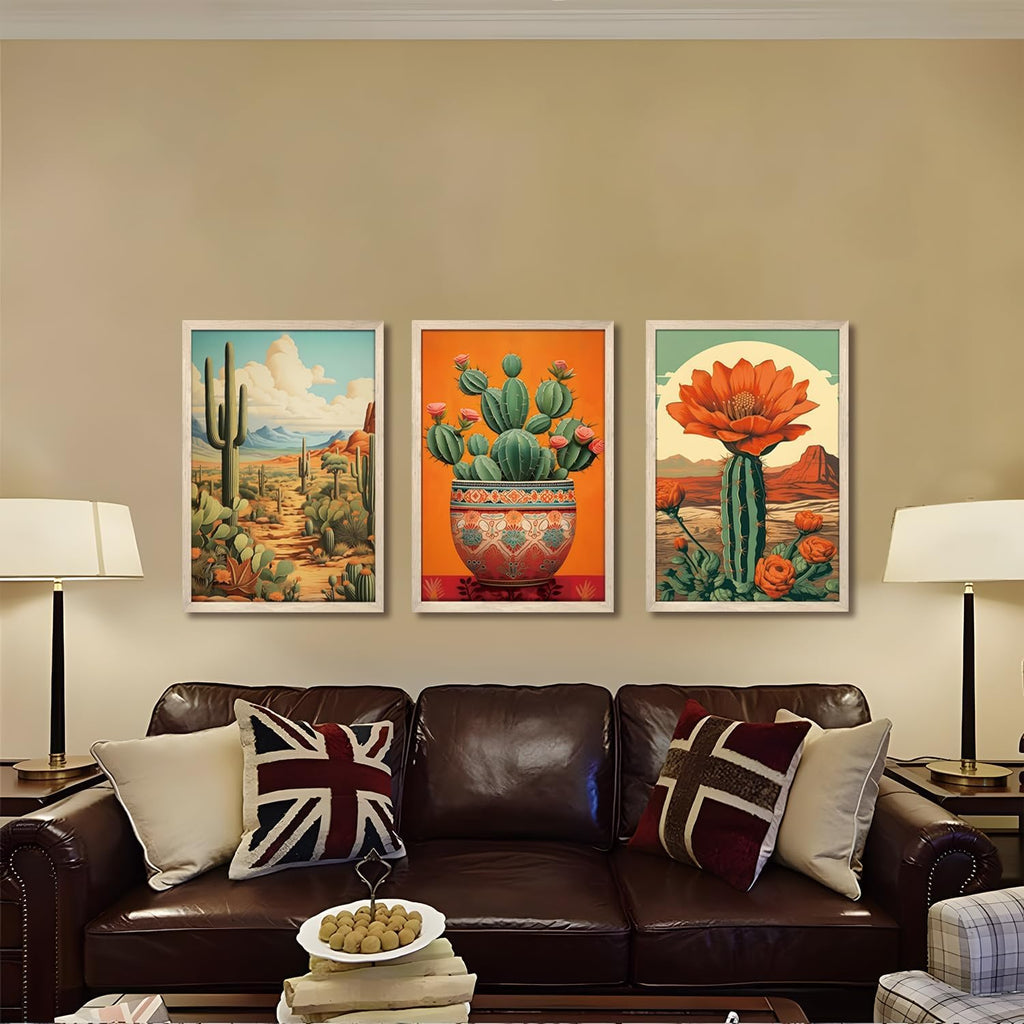 Wood Framed Mexican Cactus Wall Art Set of 3, Vintage Desert Botanical Canvas Prints, Boho Southwestern