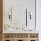 Wooden Arched Wall Mirror 36X24, Boho Farmhouse Bead Border Mirror for Bathroom, Entryway, Living Room
