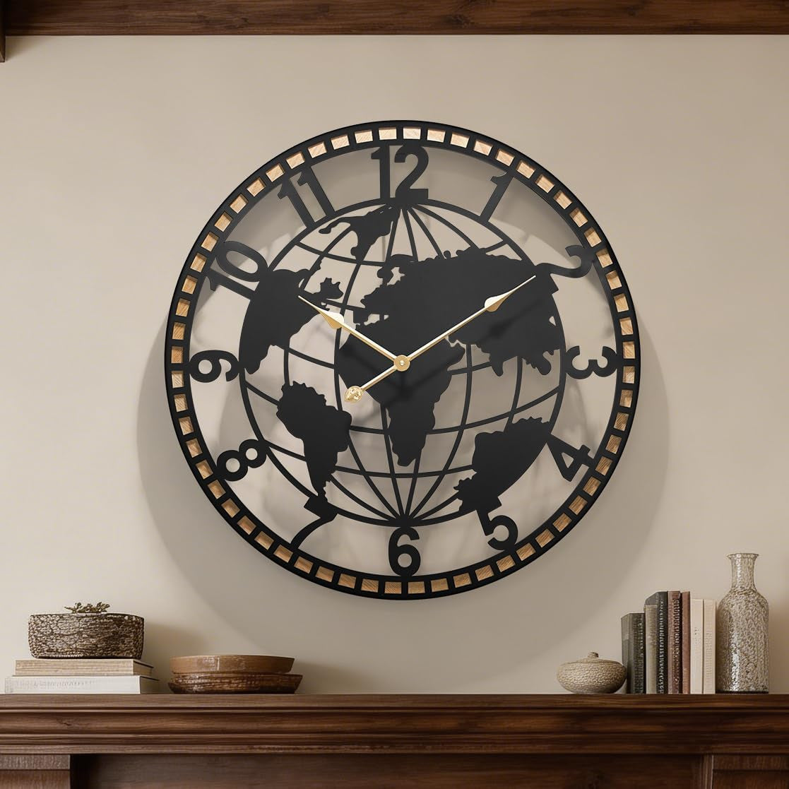 Farmhouse World Map Wall Clock 26 Inch, Rustic round Metal Frame Silent Quartz Clock for Living Room, Kitchen