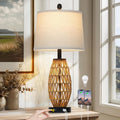 Boho Rattan Table Lamp with Night Light, Woven Wicker Bedside Lamp with USB Charging Ports