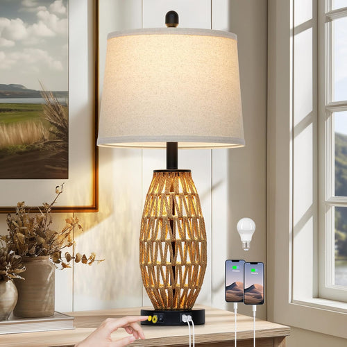 Boho Rattan Table Lamp with Night Light, Woven Wicker Bedside Lamp with USB Charging Ports